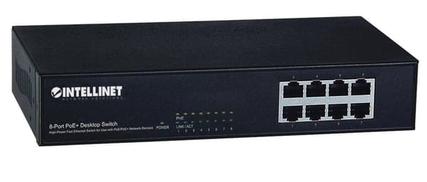 Intellinet 8-Port PoE+ Desktop Switch - Kytkin + 8 x 10/100 PoE+ - Pöytäkone - PoE+ (560764)