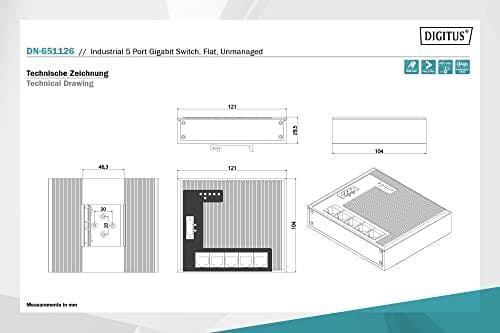 DIGITUS Industrial Gigabit Flat Switch - Utökat temperaturområde - Switch - 5 x 10/100/1000 - DIN-skena monteringsbar, väggmonterbar - Likström