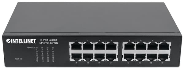 Intellinet 16-porttinen Gigabit Ethernet -kytkin - Kytkin - 16 x 10/100/1000 - Pöytäkone, telineeseen kiinnitettävä (561068)