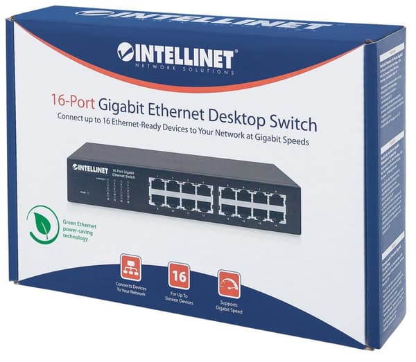Intellinet 16-porttinen Gigabit Ethernet -kytkin - Kytkin - 16 x 10/100/1000 - Pöytäkone, telineeseen kiinnitettävä (561068)