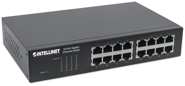 Intellinet 16-porttinen Gigabit Ethernet -kytkin - Kytkin - 16 x 10/100/1000 - Pöytäkone, telineeseen kiinnitettävä (561068)