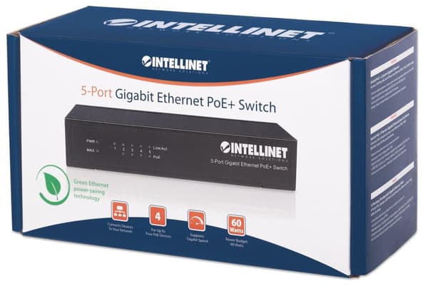 Intellinet Gigabit Ethernet PoE+ -kytkin - Kytkin - 4 x 10/100/1000 (PoE+) + 1 x 10/100/1000 - Pöytäkone - PoE+ (60 W) (561228)