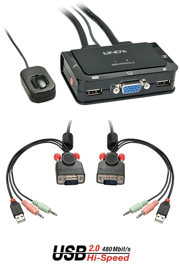 Lindy VGA KVM Switch Compact USB2.0 Audio 2 -portti - KVM/Audio/USB-kytkin - USB - 2 x KVM/Audio/USB - 1 paikallinen käyttäjä - Pöytäkone (42342) musta