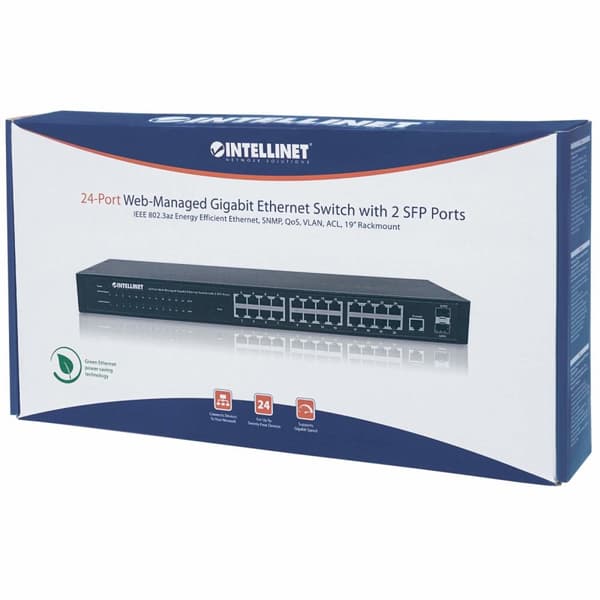 Intellinet 24-porttinen Web-hallittu Gigabit Ethernet -kytkin kahdella SFP-portilla - Kytkin - Hallittu - 24 x 10/100/1000 + 2 x SFP - Pöytäkone, teli