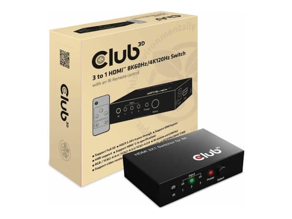 Club 3D CSV-1381 - Video/audio switch - 3-to-1, 8K 60 Hz/4K 120 Hz - 4 x HDMI - stasjonær