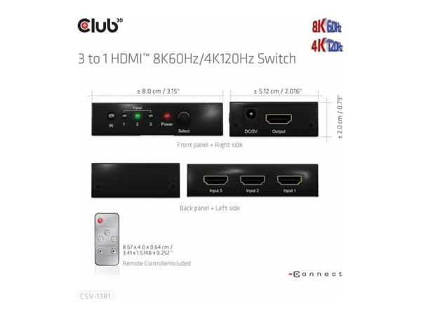Club 3D CSV-1381 - Video/audio switch - 3-to-1, 8K 60 Hz/4K 120 Hz - 4 x HDMI - stasjonær