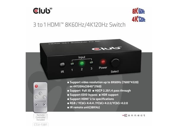 Club 3D CSV-1381 - Video/audio switch - 3-to-1, 8K 60 Hz/4K 120 Hz - 4 x HDMI - stasjonær