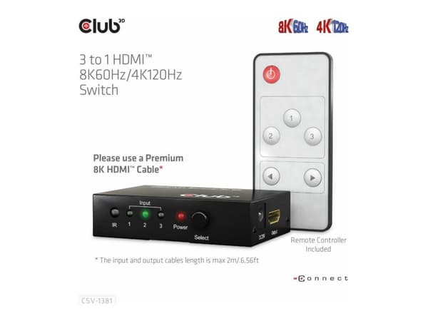Club 3D CSV-1381 - Video/audio switch - 3-to-1, 8K 60 Hz/4K 120 Hz - 4 x HDMI - stasjonær Sort