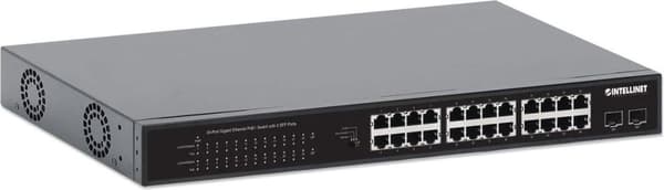 INTELLINET 24-porttinen Gigabit Ethernet PoE+ -kytkin kahdella SFP-portilla IEEE 802.3at/af (PoE+/PoE) -yhteensopiva, PoE-tehobudjetti 370 W, kaksi 1G