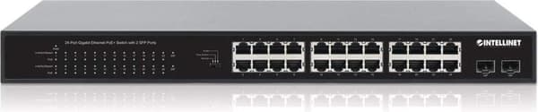 INTELLINET 24-porttinen Gigabit Ethernet PoE+ -kytkin kahdella SFP-portilla IEEE 802.3at/af (PoE+/PoE) -yhteensopiva, PoE-tehobudjetti 370 W, kaksi 1G