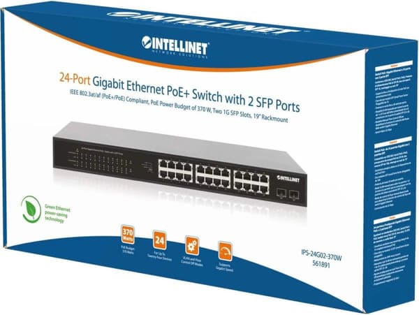 INTELLINET 24-porttinen Gigabit Ethernet PoE+ -kytkin kahdella SFP-portilla IEEE 802.3at/af (PoE+/PoE) -yhteensopiva, PoE-tehobudjetti 370 W, kaksi 1G