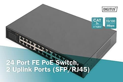 Digitus 24 Port FE PoE Switch 2 Uplink-portar (SFP/RJ45) - Gigabit Ethernet (10/100/1000) - Full Duplex - Power over Ethernet (PoE) - Rackmontering -