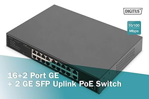 Digitus 16+2 -portti 10/100/1000 Mbps + 2 Gigabit SFP PoE -kytkin - Hallitsematon - Gigabit Ethernet (10/100/1000) - Full Duplex - Rackmount - 1U (DN-