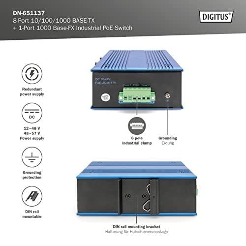 Digitus 8-Port 10/100/1000BASE-TX+1-Port 1000Base-FX Industrial PoE Switch - Hallitsematon - Gigabit Ethernet (10/100/1000) - Full Duplex - Power over