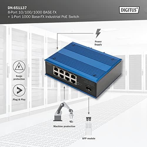 Digitus 8-Port 10/100/1000BASE-TX+1-Port 1000Base-FX Industrial PoE Switch - Hallitsematon - Gigabit Ethernet (10/100/1000) - Full Duplex - Power over