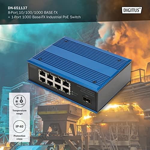 Digitus 8-Port 10/100/1000BASE-TX+1-Port 1000Base-FX Industrial PoE Switch - Hallitsematon - Gigabit Ethernet (10/100/1000) - Full Duplex - Power over