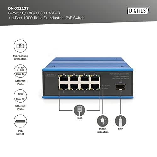 Digitus 8-Port 10/100/1000BASE-TX+1-Port 1000Base-FX Industrial PoE Switch - Hallitsematon - Gigabit Ethernet (10/100/1000) - Full Duplex - Power over