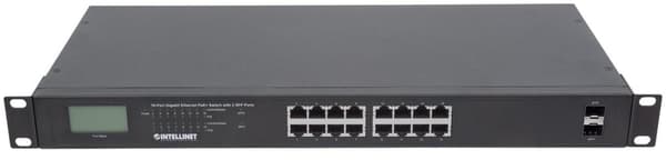 Intellinet Gigabit Ethernet PoE+-switch med 2 SFP-porte og LCD-skærm - Switch - Uadministreret - 16 x 10/100/1000 (PoE+) + 2 x Gigabit SFP - Desktop,