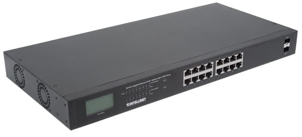 Intellinet Gigabit Ethernet PoE+-switch med 2 SFP-porte og LCD-skærm - Switch - Uadministreret - 16 x 10/100/1000 (PoE+) + 2 x Gigabit SFP - Desktop,