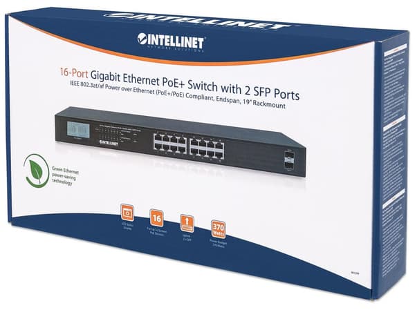 Intellinet Gigabit Ethernet PoE+-switch med 2 SFP-porte og LCD-skærm - Switch - Uadministreret - 16 x 10/100/1000 (PoE+) + 2 x Gigabit SFP - Desktop,