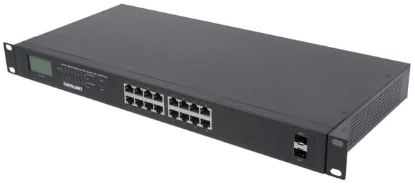 Intellinet Gigabit Ethernet PoE+-switch med 2 SFP-porte og LCD-skærm - Switch - Uadministreret - 16 x 10/100/1000 (PoE+) + 2 x Gigabit SFP - Desktop,