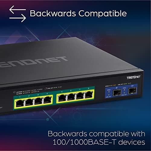 TRENDnet TPE 3102WS - Switch - L3 - Smart - 8 x 100/1000/2,5G (PoE+) + 2 x 10 Gigabit SFP+ - Rackmonterbar - PoE+ (240W) - TAA-kompatibel