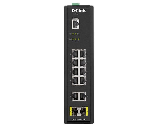 D-Link DIS 200G-12S - kytkin - hallittu - 10 x 10/100/1000 + 2 x SFP - DIN-kiskoon kiinnitettävä, seinälle asennettava - AC 120/230V/DC 46-54V