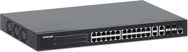 INTELLINET 24-portars Gigabit Ethernet PoE+ Web-Managed Switch med 4 Gigabit Combo Base-T/SFP-portar IEEE 802.3at/af Power over Ethernet (PoE+/PoE) ko