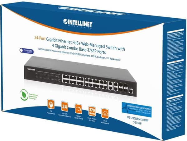 INTELLINET 24-portars Gigabit Ethernet PoE+ Web-Managed Switch med 4 Gigabit Combo Base-T/SFP-portar IEEE 802.3at/af Power over Ethernet (PoE+/PoE) ko