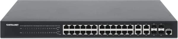 INTELLINET 24-portars Gigabit Ethernet PoE+ Web-Managed Switch med 4 Gigabit Combo Base-T/SFP-portar IEEE 802.3at/af Power over Ethernet (PoE+/PoE) ko
