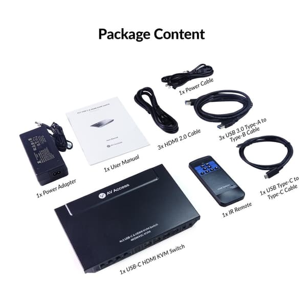 AV Access 4K USB-C & HDMI KVM-switch 4 datorer 1 bildskärm, 60W laddning för bärbar dator