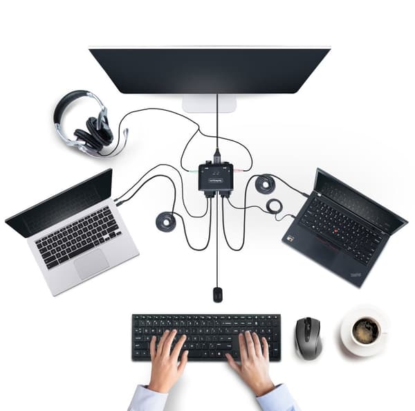StarTech.com 2-porttinen USB-C-kaapeli KVM-kytkin, 4K 60 Hz DisplayPort-lähtö, kompakti KVM 1,2 m:n USB Type-C/Audio-integroiduilla kaapeleilla, väylä