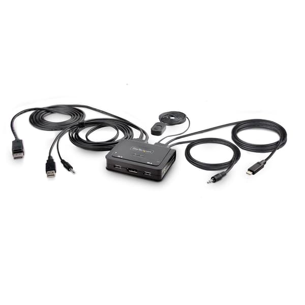 StarTech.com 2-Port Hybrid USB-C DisplayPort-kabel KVM-switch, 4K 60Hz, kompakt KVM med 1,8 m USB-A/DisplayPort/Audio og 1,2 m USB-C integrerede værts
