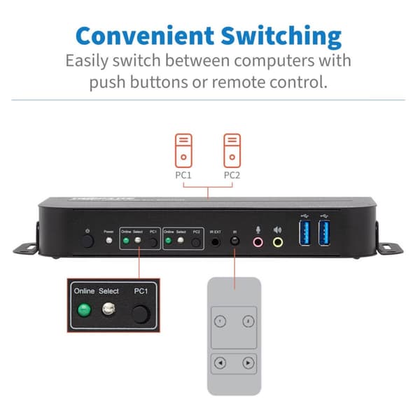 Tripp Lite HDMI KVM, 2-ports 4K 60Hz 4:4:4, HDR, HDCP 2.2-understøttelse, IR-fjernbetjening og USB-kabler - KVM/Audio/USB-switch - 2 x KVM/Audio/USB -