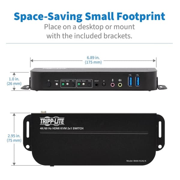 Tripp Lite HDMI KVM, 2-ports 4K 60Hz 4:4:4, HDR, HDCP 2.2-understøttelse, IR-fjernbetjening og USB-kabler - KVM/Audio/USB-switch - 2 x KVM/Audio/USB -