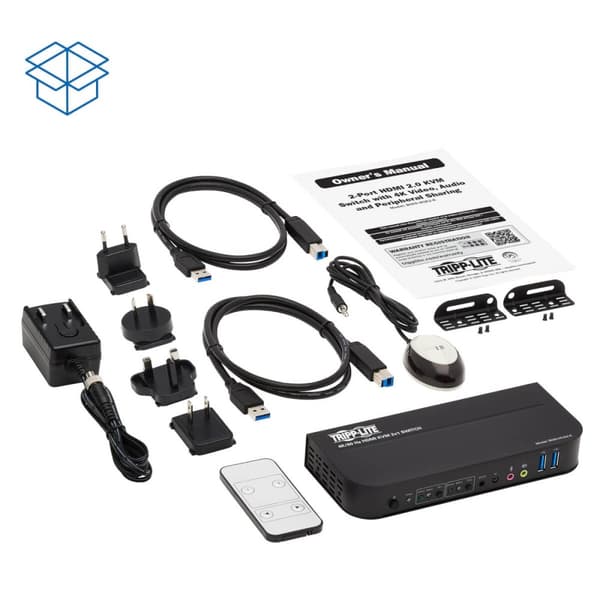 Tripp Lite HDMI KVM, 2-ports 4K 60Hz 4:4:4, HDR, HDCP 2.2-understøttelse, IR-fjernbetjening og USB-kabler - KVM/Audio/USB-switch - 2 x KVM/Audio/USB -