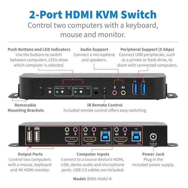 Tripp Lite HDMI KVM, 2-ports 4K 60Hz 4:4:4, HDR, HDCP 2.2-understøttelse, IR-fjernbetjening og USB-kabler - KVM/Audio/USB-switch - 2 x KVM/Audio/USB -