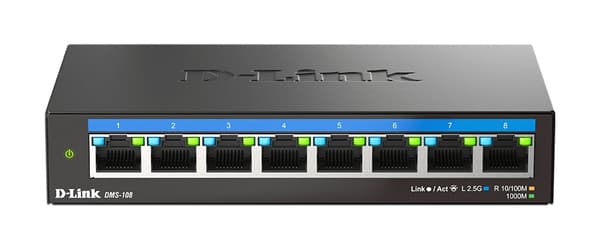 D-Link DMS 108 - Kytkin - hallitsematon - 8 x 10/100/1000/2.5G - pöytäkone, seinäasennus