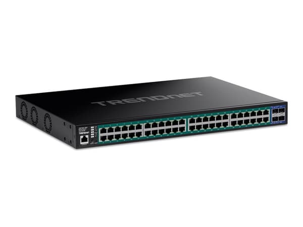 TRENDnet TPE-3524S - Switch - 52-port, web - L2+ - smart - 48 x 10/100/1000 (PoE+) + 4 x 10 Gigabit SFP+ - skrivbordsmodell, rackmonterbar - PoE+ (41 Svart