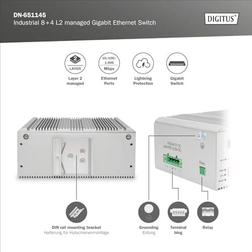 DIGITUS industriel styret 12-ports Gigabit Ethernet netværksswitch - 8X RJ45 + 4X SFP/RJ45 combo - 1 konsolport - L2 managed - 10/100/1000 Mbps - DIN-