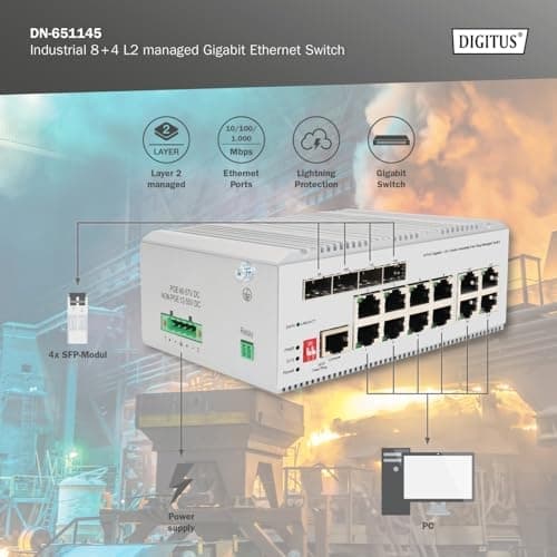 DIGITUS industriel styret 12-ports Gigabit Ethernet netværksswitch - 8X RJ45 + 4X SFP/RJ45 combo - 1 konsolport - L2 managed - 10/100/1000 Mbps - DIN-