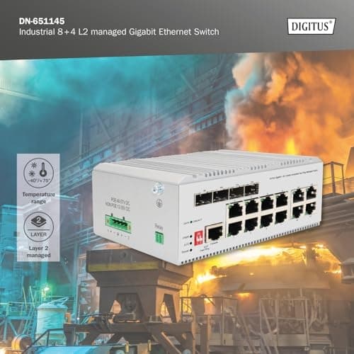 DIGITUS industriel styret 12-ports Gigabit Ethernet netværksswitch - 8X RJ45 + 4X SFP/RJ45 combo - 1 konsolport - L2 managed - 10/100/1000 Mbps - DIN-