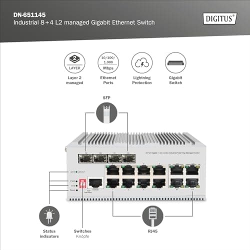 DIGITUS industriel styret 12-ports Gigabit Ethernet netværksswitch - 8X RJ45 + 4X SFP/RJ45 combo - 1 konsolport - L2 managed - 10/100/1000 Mbps - DIN-
