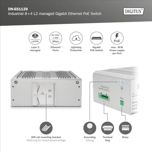 DIGITUS industrielt administreret 12-ports Gigabit Ethernet PoE netværksswitch - 8X RJ45 + 4X SFP/RJ45 combo - 1 konsolport - 185W PoE budget - L2 adm