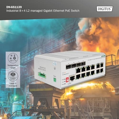 DIGITUS industrielt administreret 12-ports Gigabit Ethernet PoE netværksswitch - 8X RJ45 + 4X SFP/RJ45 combo - 1 konsolport - 185W PoE budget - L2 adm