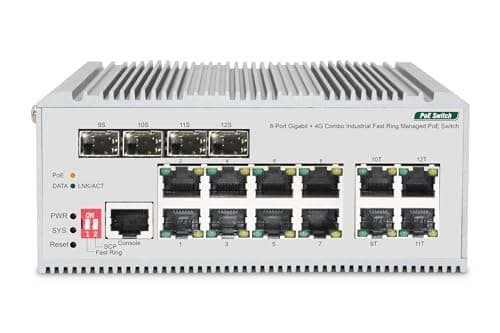 DIGITUS industrielt administreret 12-ports Gigabit Ethernet PoE netværksswitch - 8X RJ45 + 4X SFP/RJ45 combo - 1 konsolport - 185W PoE budget - L2 adm