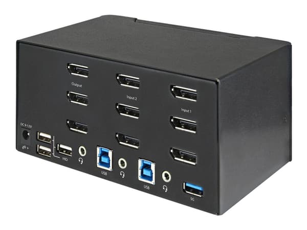 StarTech.com 2 Port Triple Monitor DisplayPort KVM-kytkin, 4K 60Hz UHD HDR, työpöydän 4K DP 1.2 KVM, jossa on 2 portti USB 3.0 Hub (5Gbps) ja 4x USB