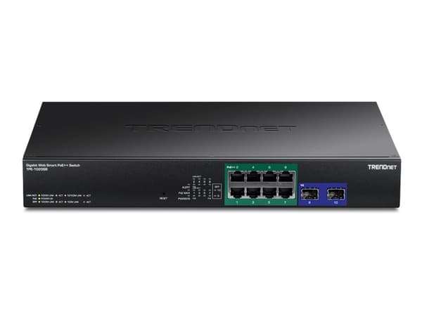 TRENDnet TPE-1020SB - Version v1.0R - switch - smart - 8 x Gigabit Ethernet + 2 x Gigabit SFP - rackmonterbar - PoE++ (180 W) - TAA-kompatibel