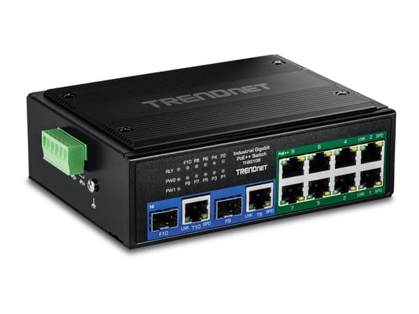 TRENDnet TI-BG108 - Version v1.0R - switch - industriell - ohanterad - 8 x 10/100/1000 (PoE++) + 2 x combo Gigabit SFP/RJ-45 - DIN-skenmonterbar, väg