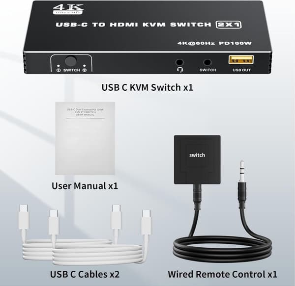 NÖRDIC USB-C–HDMI KVM-kytkin 4K 60Hz, Type-C KVM-kytkin HDMI:lle 2 tietokonetta 1 HDMI-näyttö